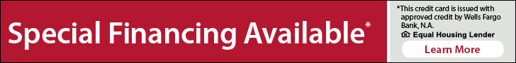 Red banner with white text reading Special Financing Available. On the right, details note credit issued by Wells Fargo Bank and an Equal Housing Lender logo. A red Learn More button is below the information.